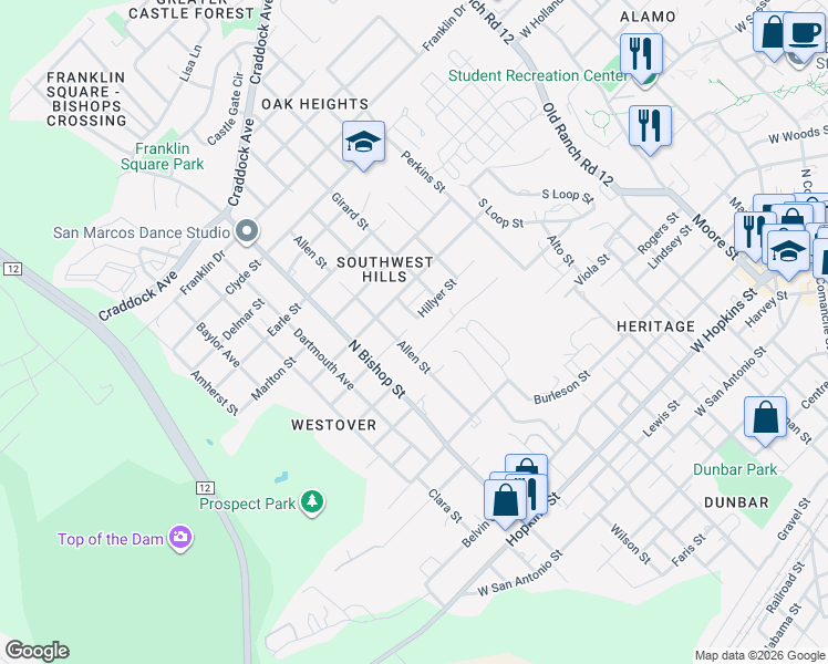 map of restaurants, bars, coffee shops, grocery stores, and more near 1111 Advance Street in San Marcos