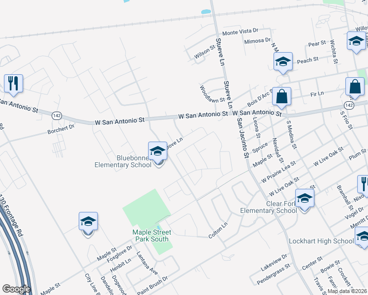 map of restaurants, bars, coffee shops, grocery stores, and more near 1410 Dove Lane in Lockhart