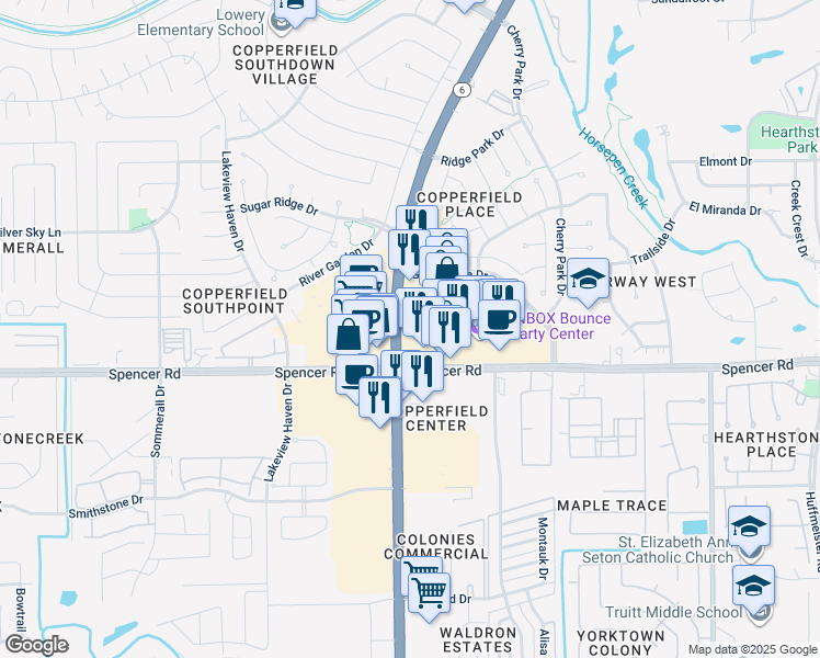 map of restaurants, bars, coffee shops, grocery stores, and more near 7006 Highway 6 in Houston