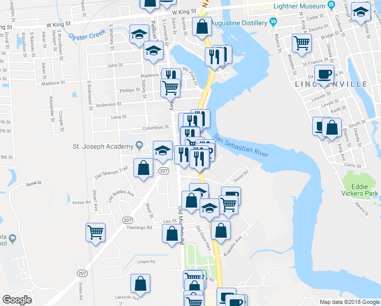 map of restaurants, bars, coffee shops, grocery stores, and more near 1000 South Ponce De Leon Boulevard in St. Augustine