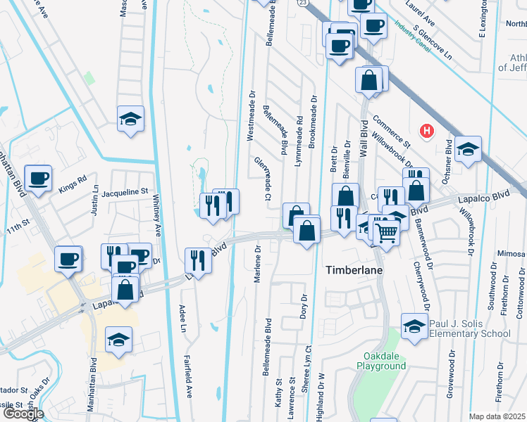 map of restaurants, bars, coffee shops, grocery stores, and more near 650 Bellemeade Boulevard in Gretna