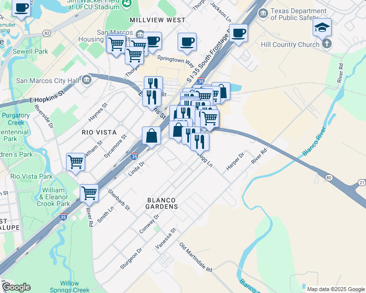 map of restaurants, bars, coffee shops, grocery stores, and more near 114 Bugg Lane in San Marcos