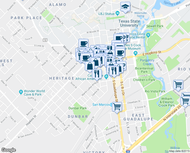 map of restaurants, bars, coffee shops, grocery stores, and more near 312 Martin Luther King Drive in San Marcos