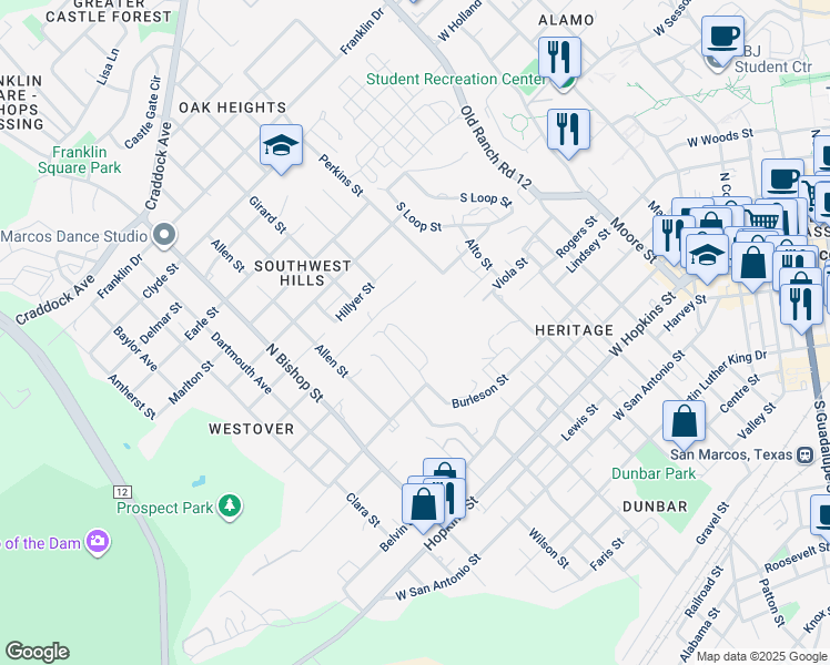 map of restaurants, bars, coffee shops, grocery stores, and more near 606 Bracewood Circle in San Marcos