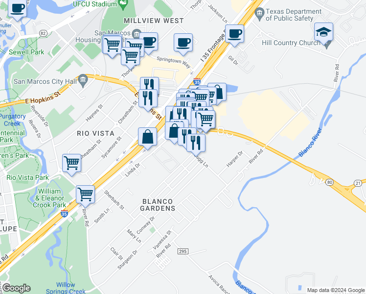 map of restaurants, bars, coffee shops, grocery stores, and more near 114 Bugg Lane in San Marcos