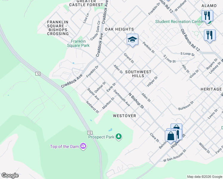 map of restaurants, bars, coffee shops, grocery stores, and more near 1108 Columbia Avenue in San Marcos