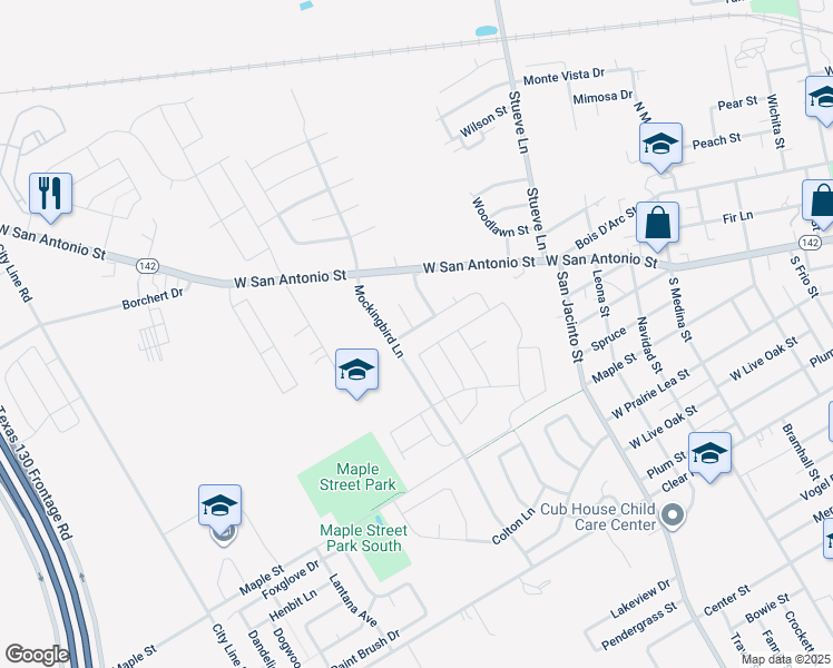 map of restaurants, bars, coffee shops, grocery stores, and more near 1410 Dove Lane in Lockhart