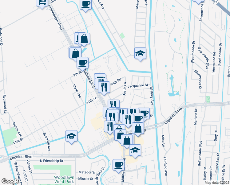 map of restaurants, bars, coffee shops, grocery stores, and more near 1580 Abbey Road in Harvey