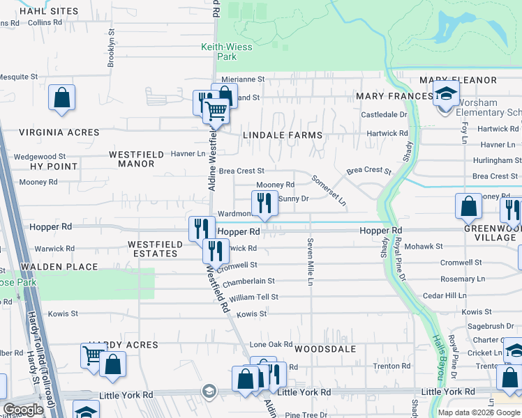 map of restaurants, bars, coffee shops, grocery stores, and more near 2169 Hopper Road in Houston