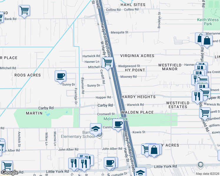 map of restaurants, bars, coffee shops, grocery stores, and more near 12409 West Hardy Road in Houston