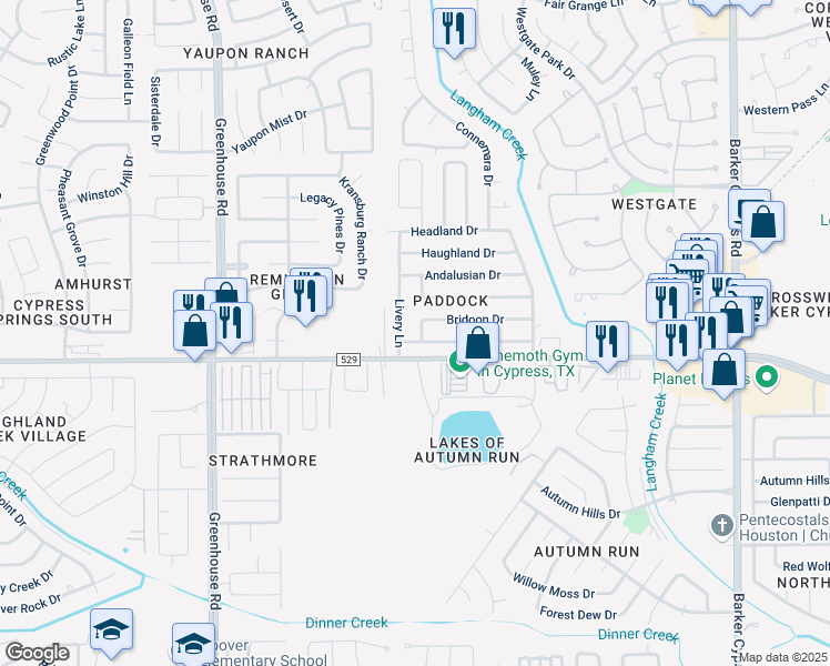 map of restaurants, bars, coffee shops, grocery stores, and more near 18719 Spinney Lane in Cypress