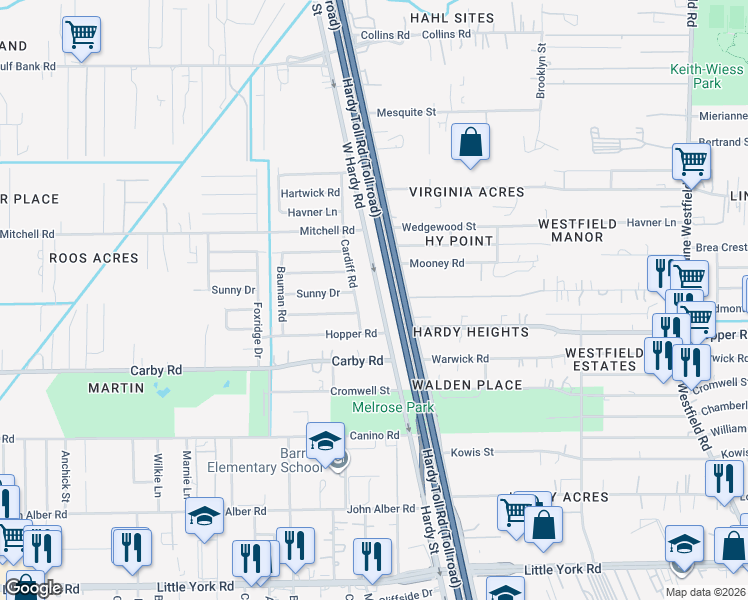 map of restaurants, bars, coffee shops, grocery stores, and more near 12519 West Hardy Road in Houston