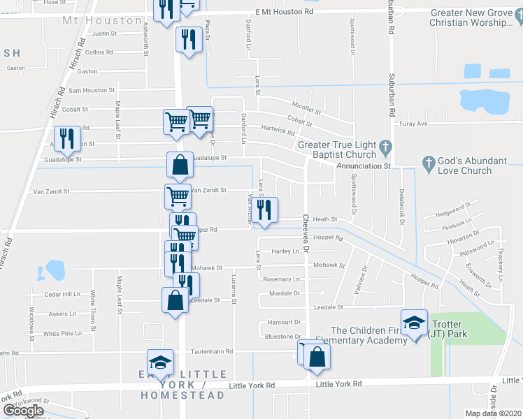 map of restaurants, bars, coffee shops, grocery stores, and more near 11172 Lera Street in Houston