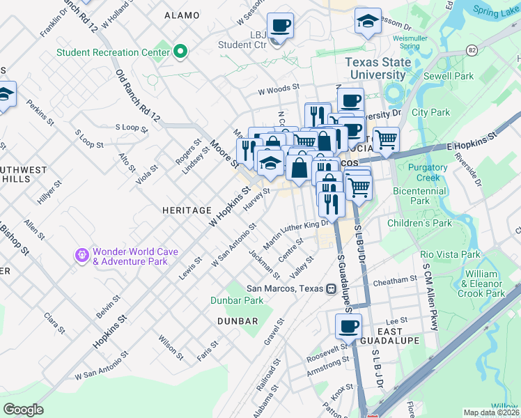 map of restaurants, bars, coffee shops, grocery stores, and more near 506 West San Antonio Street in San Marcos