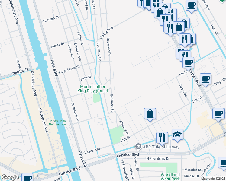 map of restaurants, bars, coffee shops, grocery stores, and more near 1721 Redwood Drive in Harvey