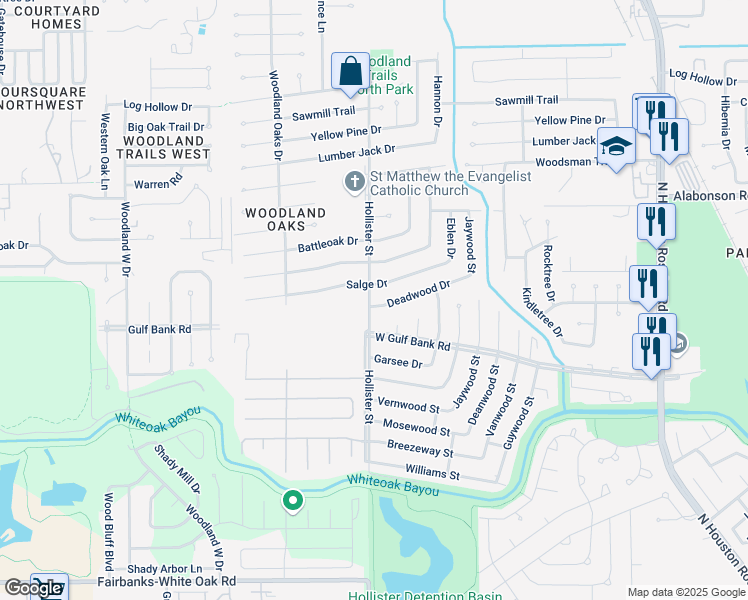 map of restaurants, bars, coffee shops, grocery stores, and more near 7722 Salge Drive in Houston