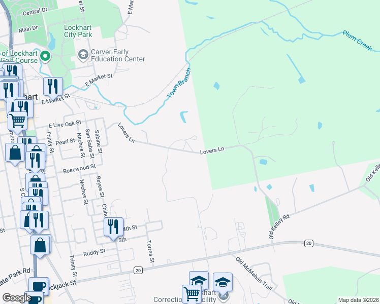 map of restaurants, bars, coffee shops, grocery stores, and more near 547 Lovers Lane in Lockhart