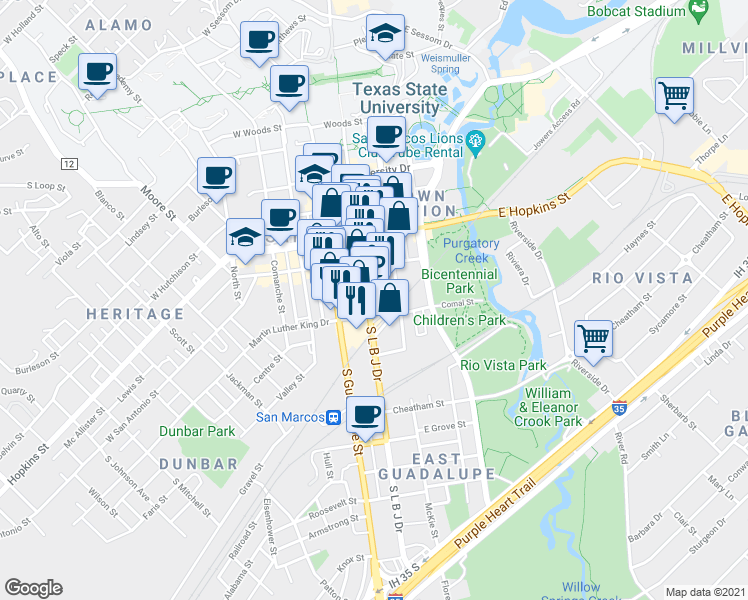 map of restaurants, bars, coffee shops, grocery stores, and more near 173 South L B J Drive in San Marcos