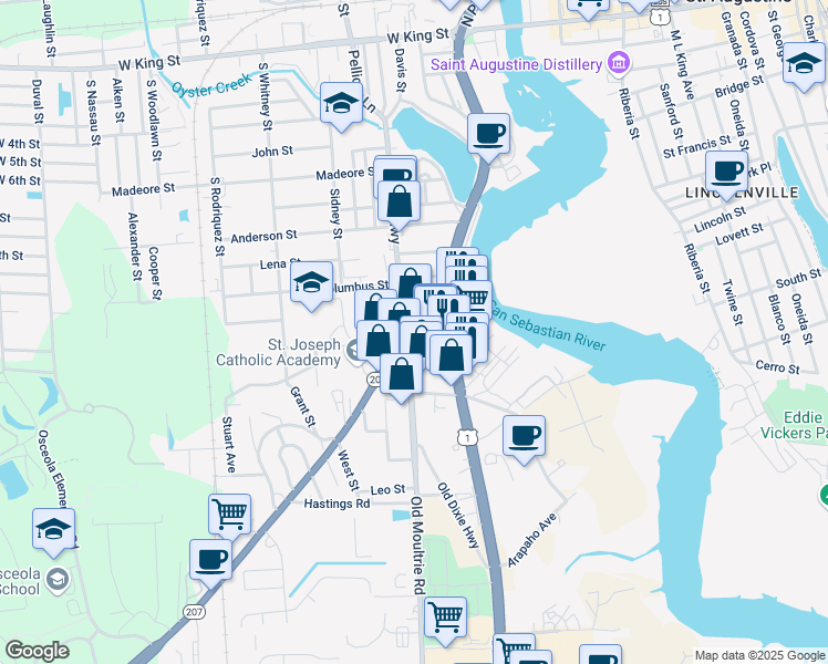 map of restaurants, bars, coffee shops, grocery stores, and more near 79 South Dixie Highway in St. Augustine