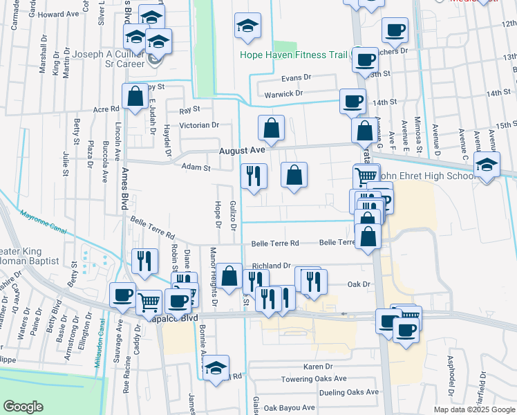 map of restaurants, bars, coffee shops, grocery stores, and more near 5241 Taravella Road in Marrero
