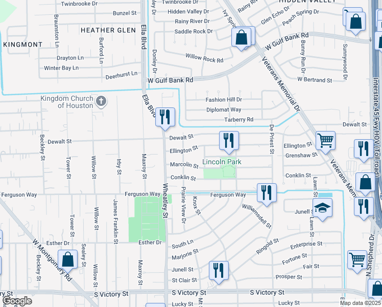 map of restaurants, bars, coffee shops, grocery stores, and more near 1038 Ellington Street in Houston