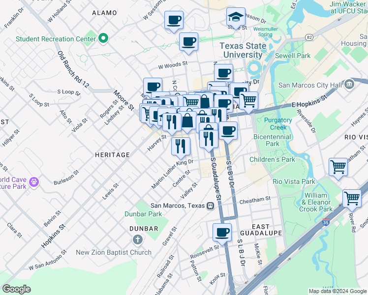 map of restaurants, bars, coffee shops, grocery stores, and more near in San Marcos