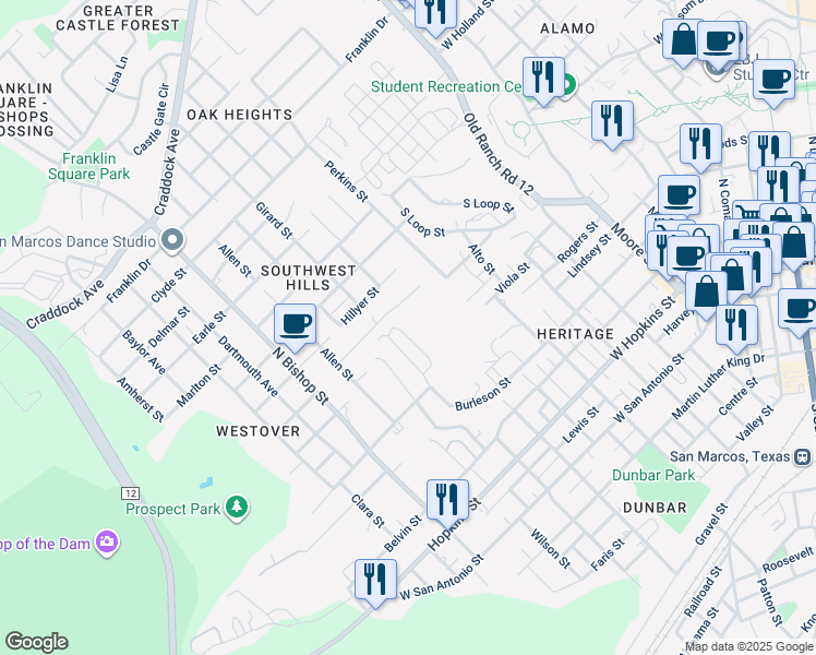 map of restaurants, bars, coffee shops, grocery stores, and more near 807 Bracewood Circle in San Marcos