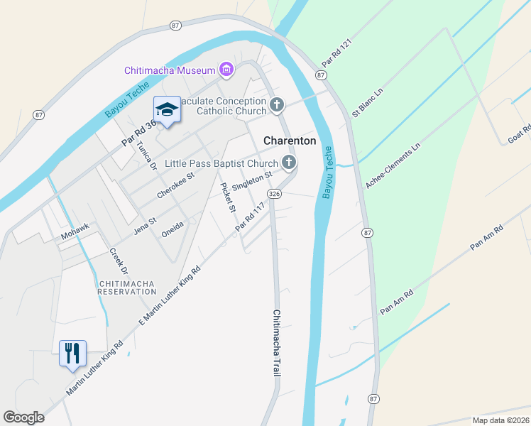 map of restaurants, bars, coffee shops, grocery stores, and more near 108 School House Lane in Jeanerette