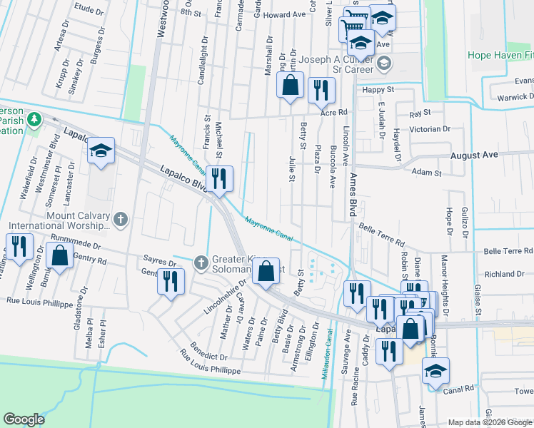 map of restaurants, bars, coffee shops, grocery stores, and more near 1634 Mansfield Drive in Marrero