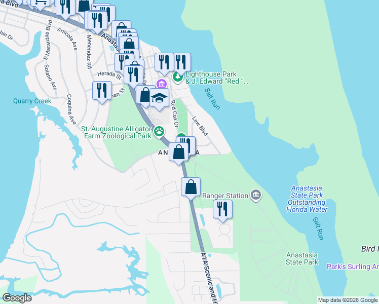 map of restaurants, bars, coffee shops, grocery stores, and more near in St. Augustine
