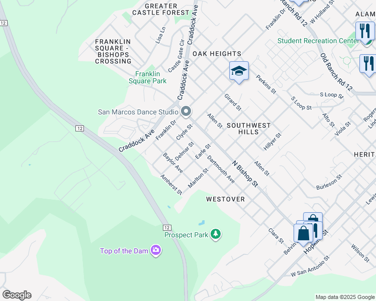 map of restaurants, bars, coffee shops, grocery stores, and more near 1308 Columbia Avenue in San Marcos