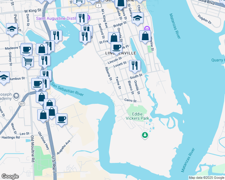 map of restaurants, bars, coffee shops, grocery stores, and more near 256 Riberia Street in St. Augustine