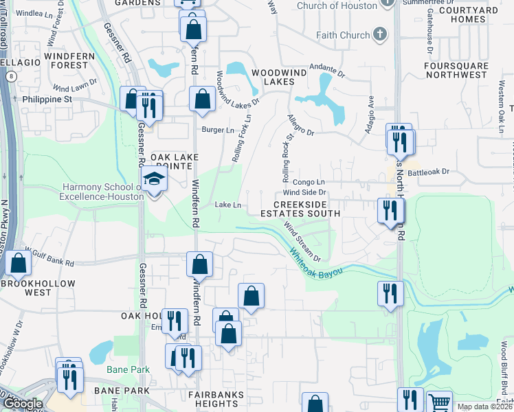 map of restaurants, bars, coffee shops, grocery stores, and more near 7223 Wind Dale Street in Houston