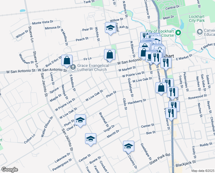 map of restaurants, bars, coffee shops, grocery stores, and more near 311 South Frio Street in Lockhart