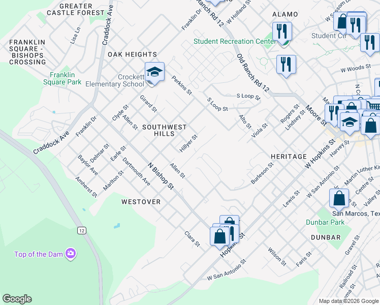 map of restaurants, bars, coffee shops, grocery stores, and more near 1000 Hillyer Street in San Marcos