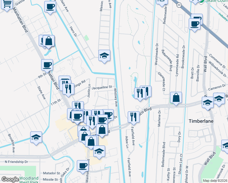 map of restaurants, bars, coffee shops, grocery stores, and more near 2700 Whitney Avenue in Harvey