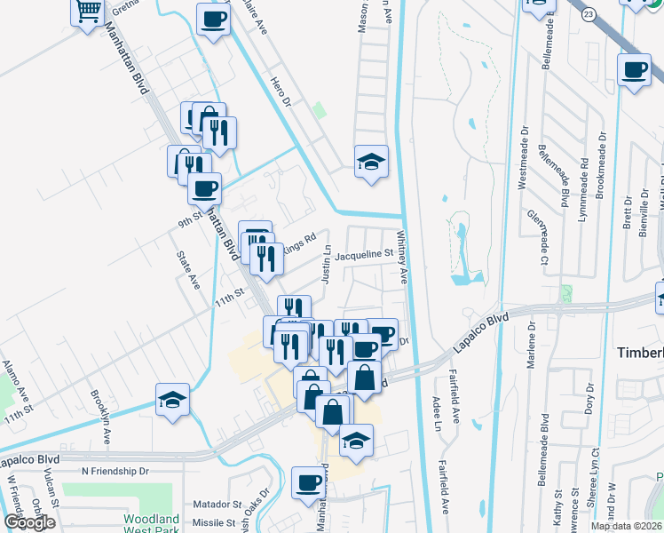 map of restaurants, bars, coffee shops, grocery stores, and more near 1521 West Chelsea Road in Harvey
