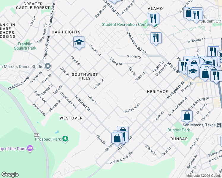 map of restaurants, bars, coffee shops, grocery stores, and more near 807 Bracewood Circle in San Marcos