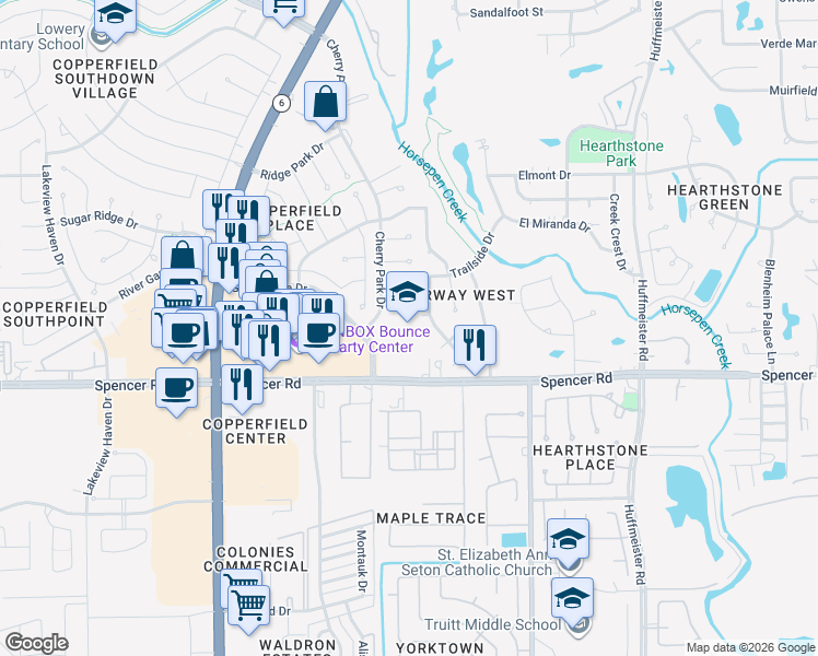map of restaurants, bars, coffee shops, grocery stores, and more near 7142 Cherry Park Drive in Houston