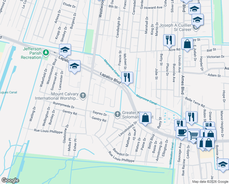 map of restaurants, bars, coffee shops, grocery stores, and more near 6827 Lapalco Boulevard in Marrero