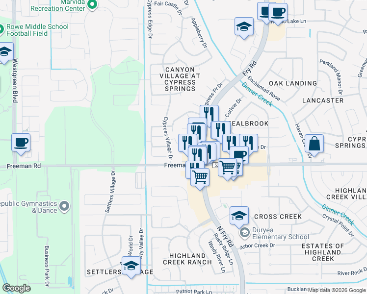 map of restaurants, bars, coffee shops, grocery stores, and more near 20531 Cypress Gully Drive in Cypress
