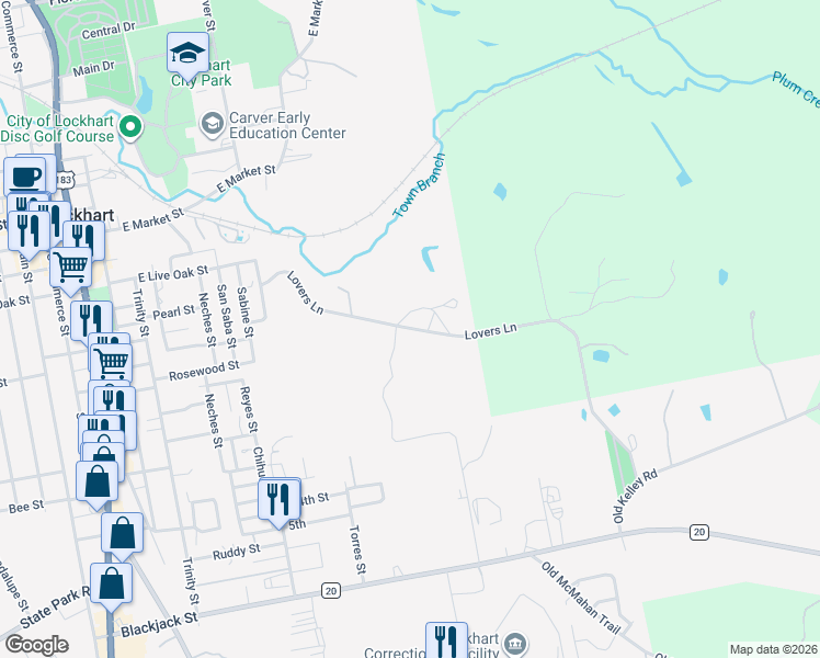 map of restaurants, bars, coffee shops, grocery stores, and more near 543-547 Lovers Lane in Lockhart