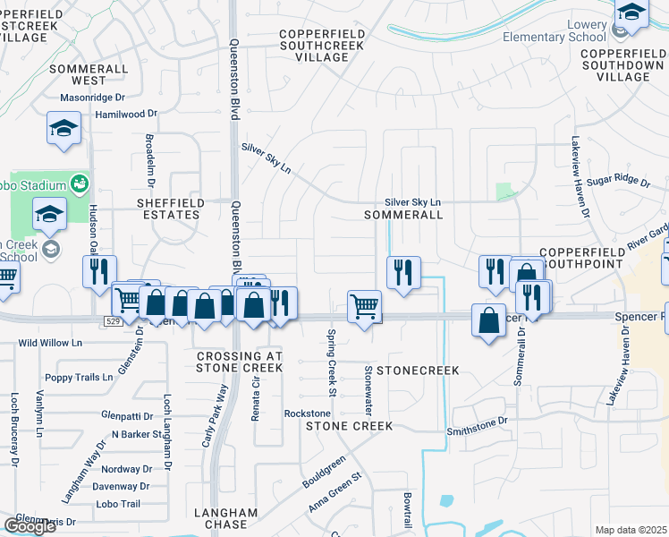 map of restaurants, bars, coffee shops, grocery stores, and more near 16738 Sky Blue Lane in Houston
