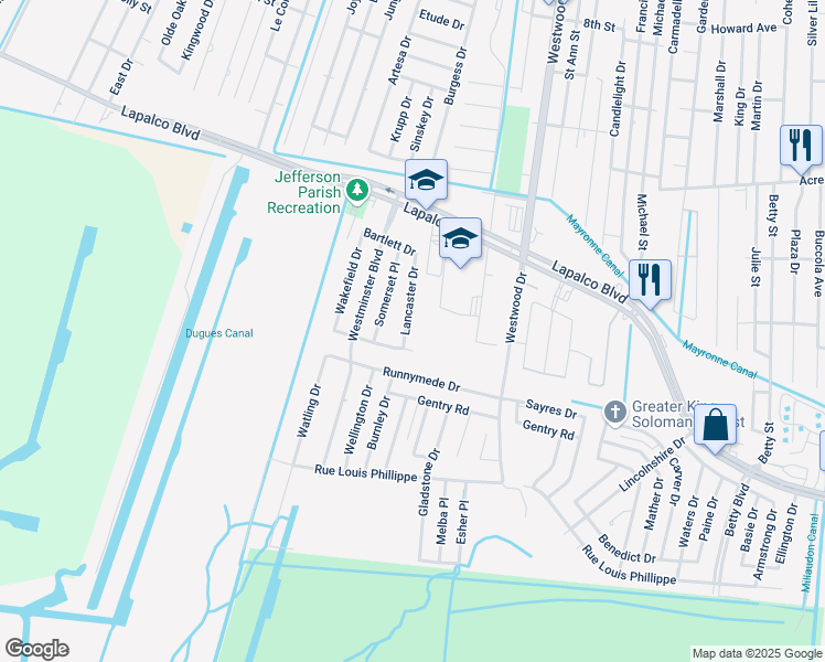 map of restaurants, bars, coffee shops, grocery stores, and more near 1609 Lancaster Drive in Marrero