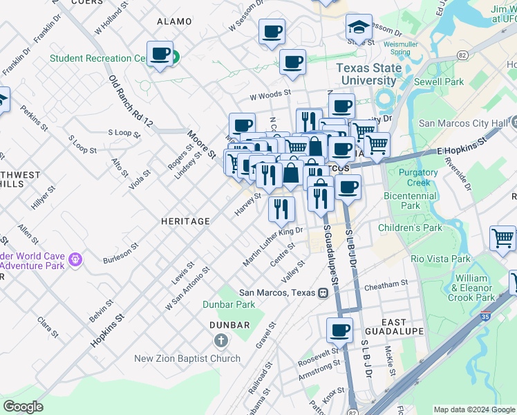 map of restaurants, bars, coffee shops, grocery stores, and more near 503 Harvey Street in San Marcos