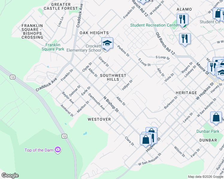 map of restaurants, bars, coffee shops, grocery stores, and more near 1106/08 Hazelton Street in San Marcos