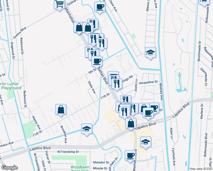 map of restaurants, bars, coffee shops, grocery stores, and more near 2232 Manhattan Blvd in Harvey