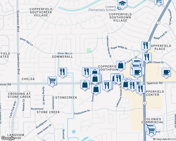 map of restaurants, bars, coffee shops, grocery stores, and more near 16318 Sky Blue Lane in Houston