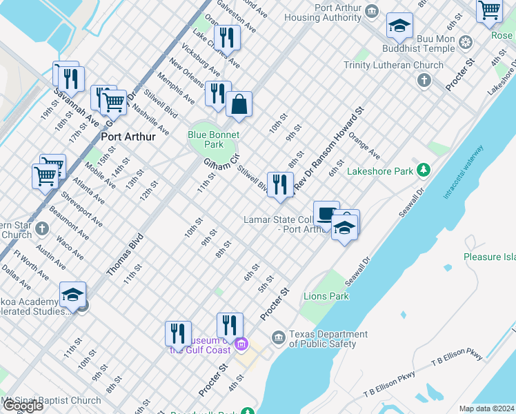 map of restaurants, bars, coffee shops, grocery stores, and more near 1398 8th Street in Port Arthur