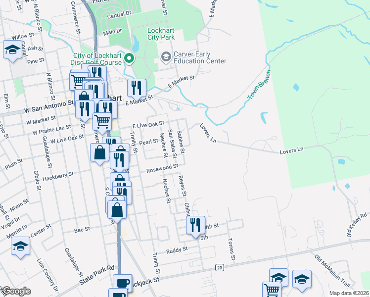 map of restaurants, bars, coffee shops, grocery stores, and more near 600 Sabine Street in Lockhart